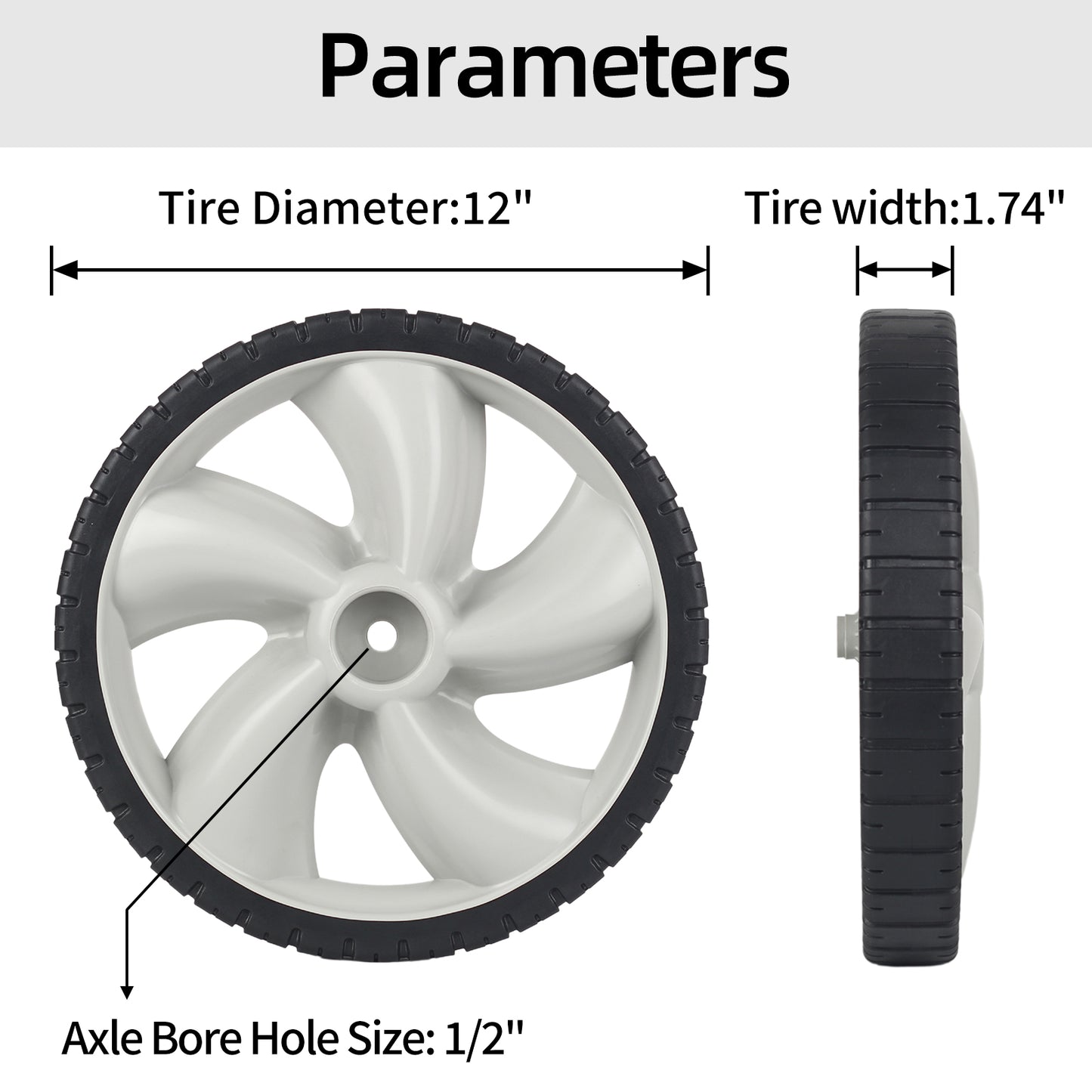 12 Inch Rear Wheels for Arnold 490-324-0002, Replacement 12x1.75" Plastic Wheels for Lawn Mowers, 1/2" Axle Bore, 2-Pack