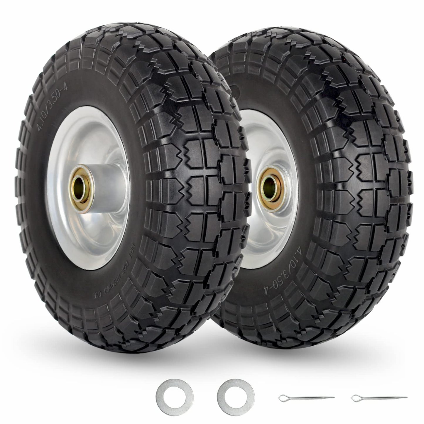 4.10/3.50-4" Flat Free Tire and Wheel, 10" Heavy Duty Solid Tire, 5/8" Axle Bore Hole, 2.2" Offset Hub, for Hand Truck Garden Cart Wagon Trolley Dolly Replacement Tire