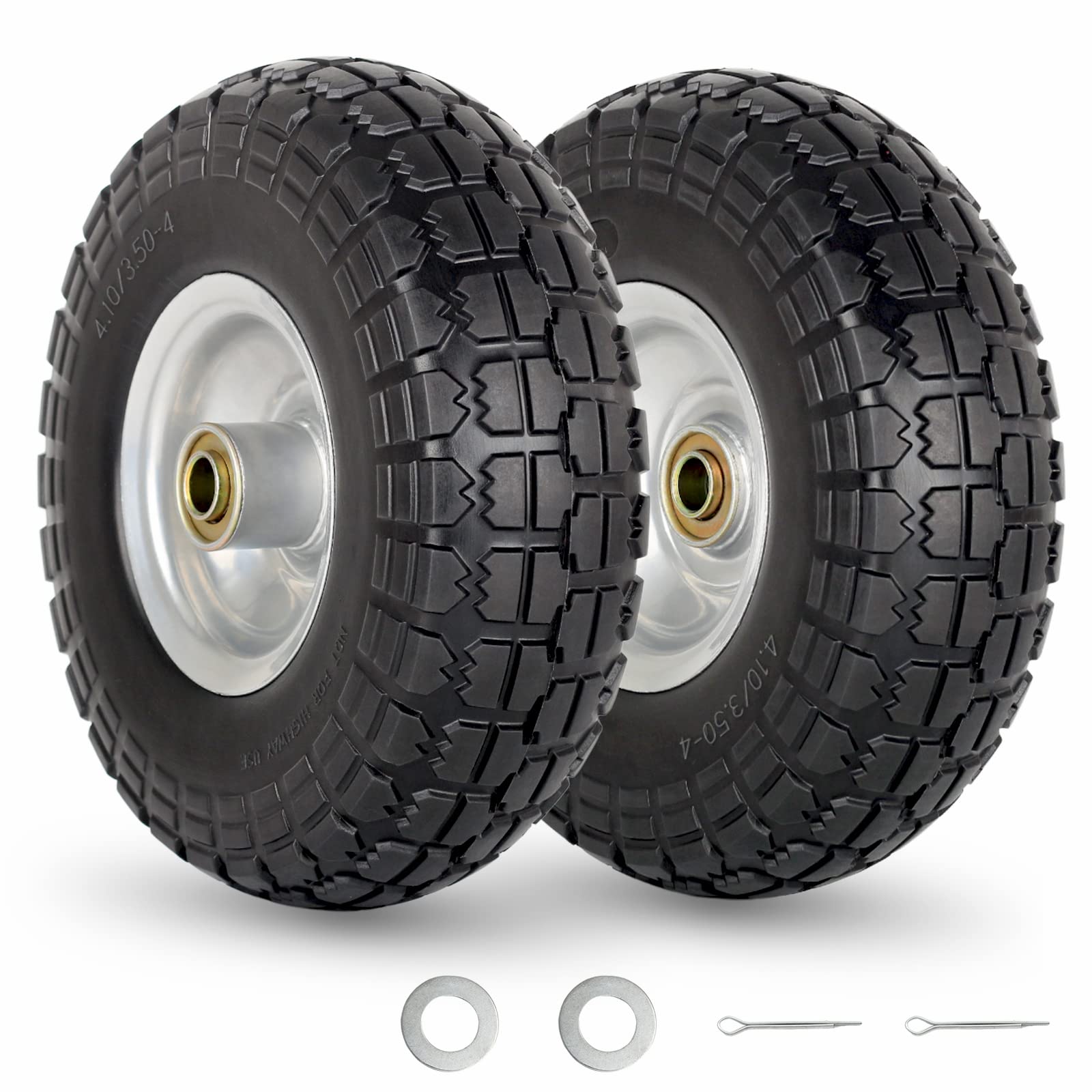 4.10/3.50-4" Flat Free Tire and Wheel, 10" Heavy Duty Solid Tire, 5/8" Axle Bore Hole, 2.2" Offset Hub, for Hand Truck Garden Cart Wagon Trolley Dolly Replacement Tire