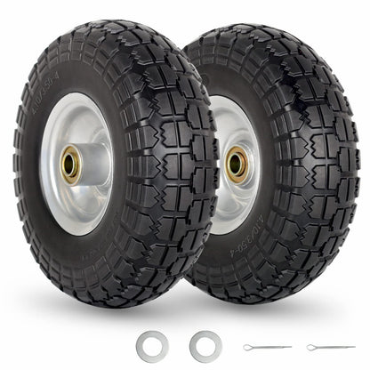 4.10/3.50-4" Flat Free Tire and Wheel, 10" Heavy Duty Solid Tire, 5/8" Axle Bore Hole, 2.2" Offset Hub, for Hand Truck Garden Cart Wagon Trolley Dolly Replacement Tire