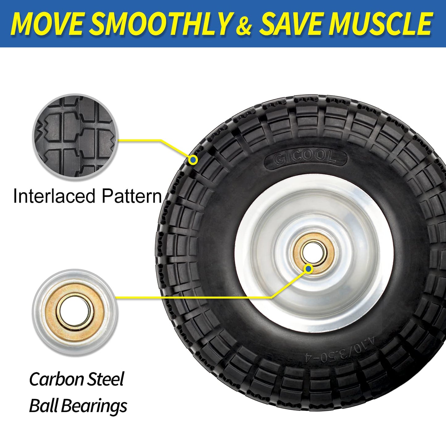 4.10/3.50-4" Flat Free Tire and Wheel, 10" Heavy Duty Solid Tire, 5/8" Axle Bore Hole, 2.2" Offset Hub, for Hand Truck Garden Cart Wagon Trolley Dolly Replacement Tire