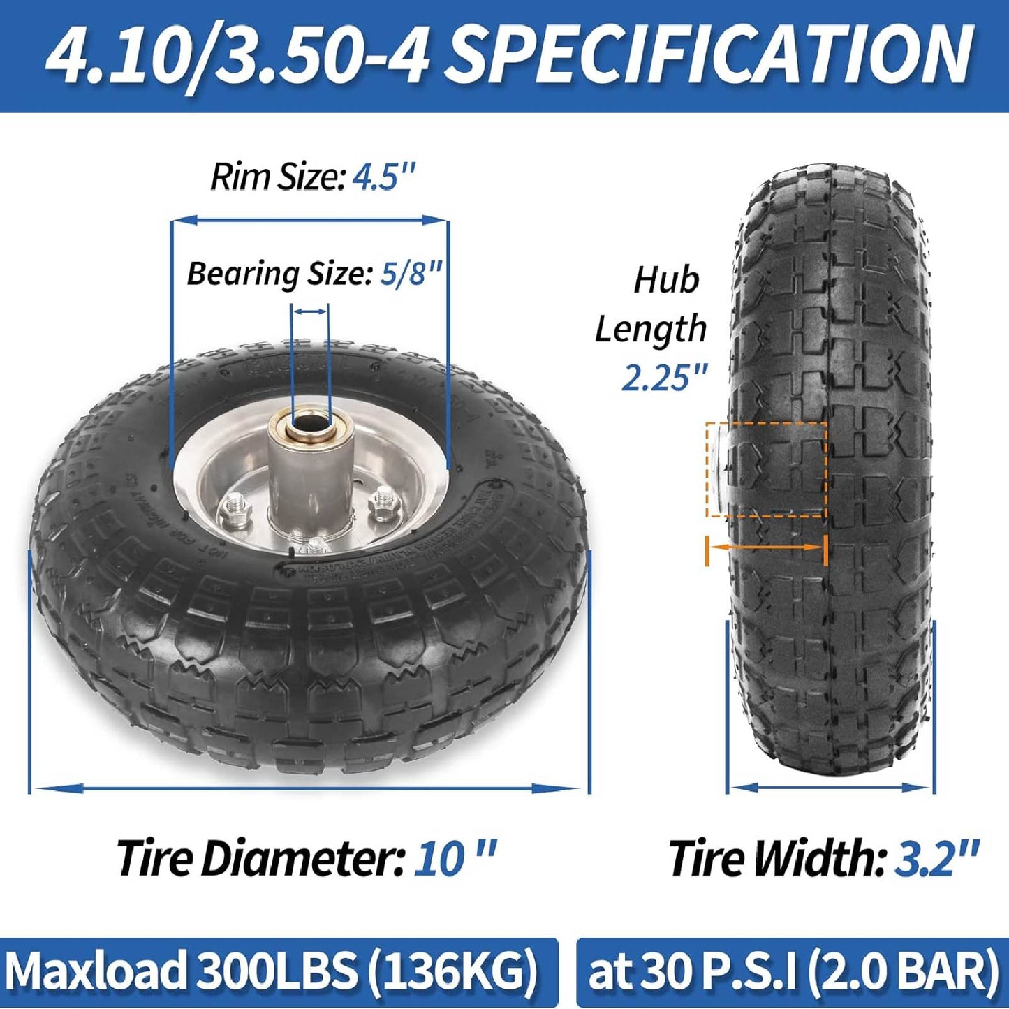 4.10/3.50-4" Tire and Wheel, 10" Pneumatic Tire, with 2.25" Offset Hub, 5/8" Axle Bore Hole, Sealed Bearings, for Hand Truck Trolley Dolly Garden Wagon Cart Wheel Replacement(2 Pack)