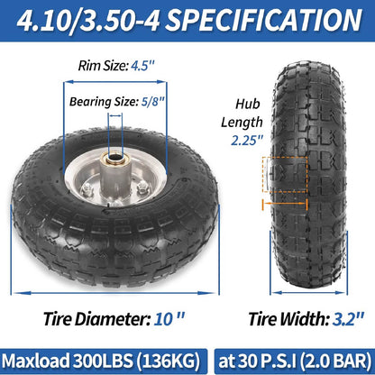 4.10/3.50-4" Tire and Wheel, 10" Pneumatic Tire, with 2.25" Offset Hub, 5/8" Axle Bore Hole, Sealed Bearings, for Hand Truck Trolley Dolly Garden Wagon Cart Wheel Replacement(2 Pack)