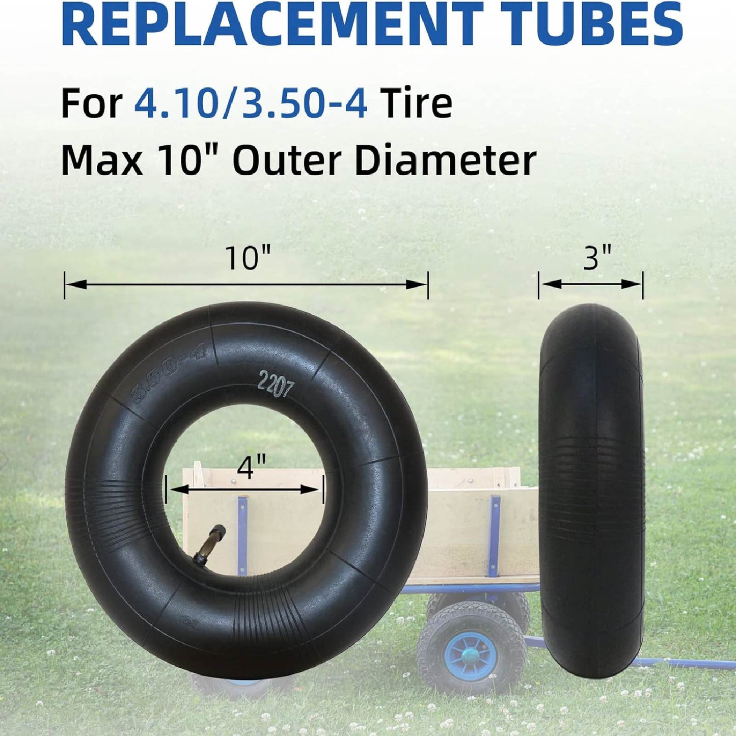 4.10/3.50-4 Replacement Inner Tube, with TR-87 Bent Valve Stem, Heavy Duty, for 10" Tires, Hand Truck Garden Utility Wagon Go Cart (2 pack)