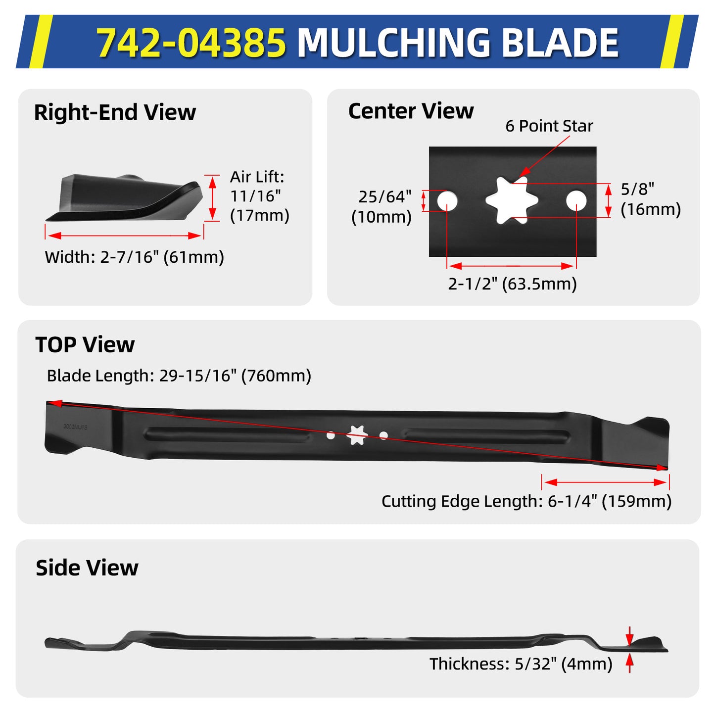 942-04385 742-04385, 30" Mulching Blades for Troy Bilt TR30 Cub Cade CC30 Craftsman R1000