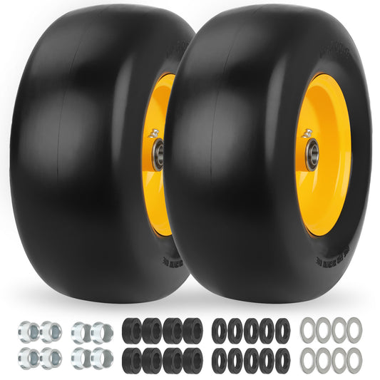 13x5.00-6 Flat Free Lawn Mower Tire and Wheel for Zero Turn Mower Fit 3/4", 5/8", 1/2" Bearing Bore, Adjustable Hub Length 3.25-6.7", Solid ZTR Mower Front Wheel, Smooth Tread, 2 Pack