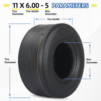 11x6.00-5 Tubeless Zero Turn Mower Tires, Riding Lawnmower Smooth Tread, 4 Ply