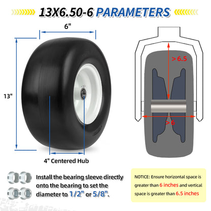 13x6.50-6” Flat Free Lawn Mower Tire and Wheel, Comes with Saver Ramp, 3/4" or 5/8" or 1/2" Bearing Bore, 3"-3.5"-4"-4.5"-5" Centered Hub, Smooth Tread Tire for Zero Turn Mowers, 2 Pcs