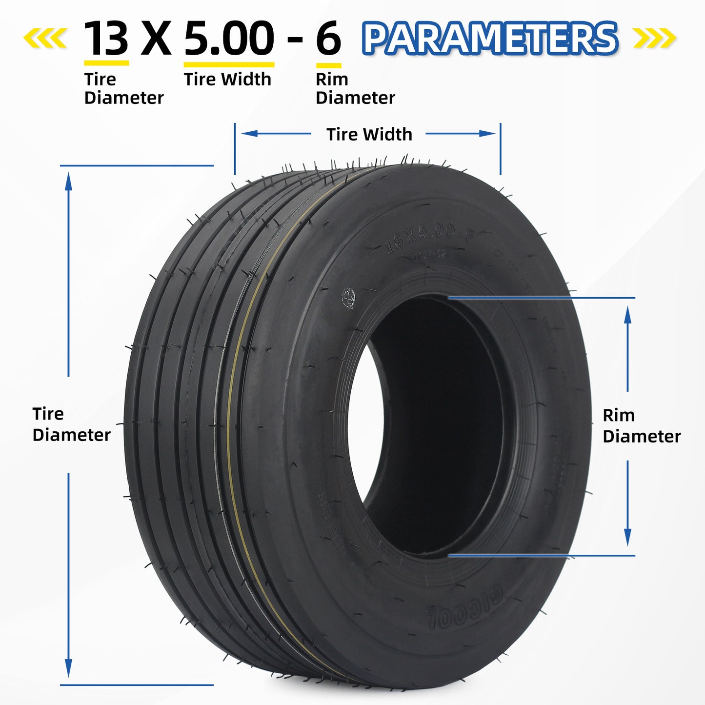 13x5.00-6 Tubeless Lawn Mower Tire, Riding Lawnmower Straight Rib Tread, 4 Ply
