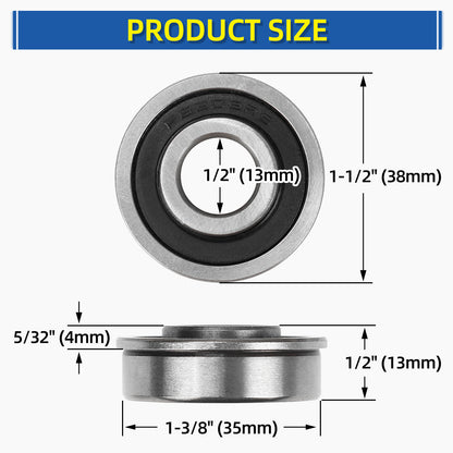1/2" Deep Groove Ball Bearing, 13x35x13mm Bore Sealed Flanged Steel Bearings Replacement for Wheelbarrow, Lawn Mower, Hand Truck, Garden Cart Tire and Wheels, 4 Pack