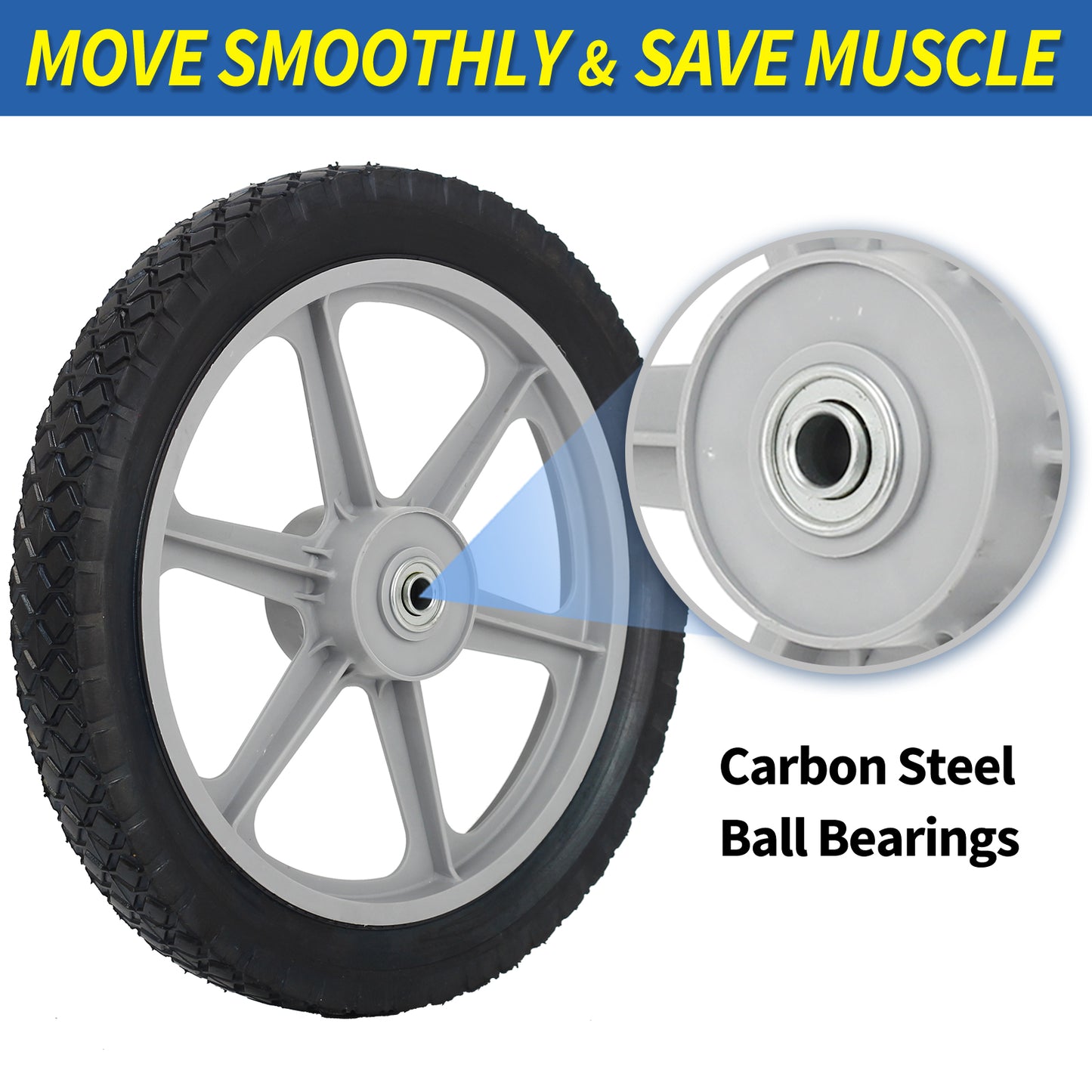 14 x 1.75" Rubber Tire and Plastic Spoke Wheel, 2.5" Hub Length, 1/2" Axle Bore, for Lawn mower Trolley Dolly Wheel Replacement, 2 Pack