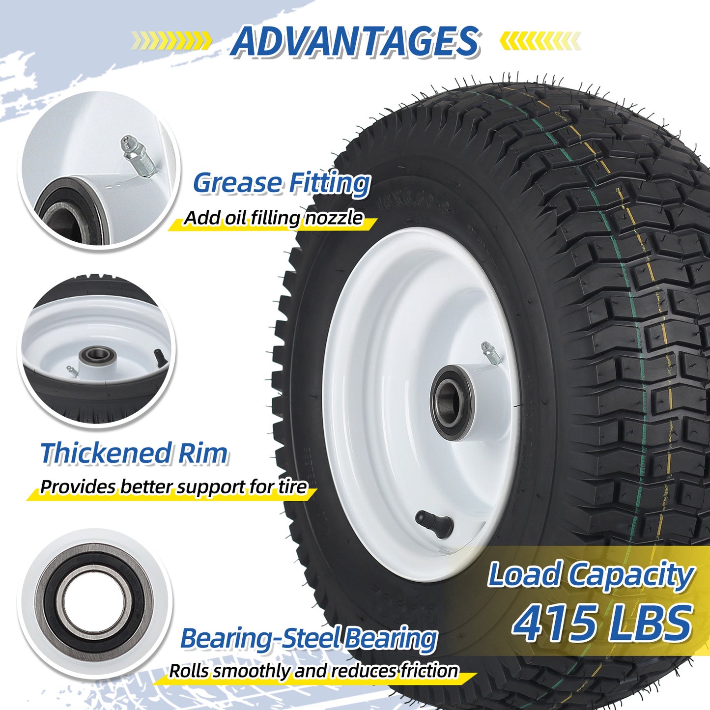 16x6.50-8 Lawn Mower Tubeless Tires, 1" Bearing, 4" Centered Hub