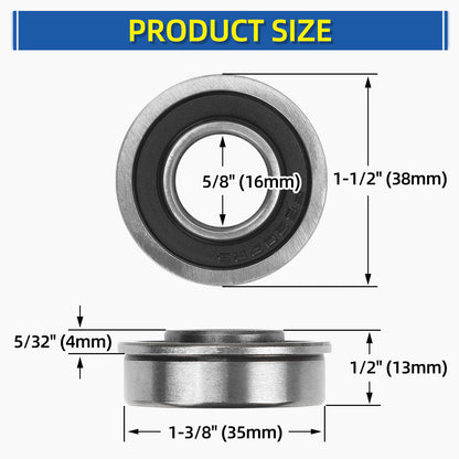 5/8" Bore Flanged Deep Groove Ball Bearing, 16mm ID x 35mm OD x 13mm W Sealed 9Cr18 Steel Bearing for Wheelbarrow, Lawn Mower, Garden Cart, Hand Truck Tire and Wheel Parts Replacements