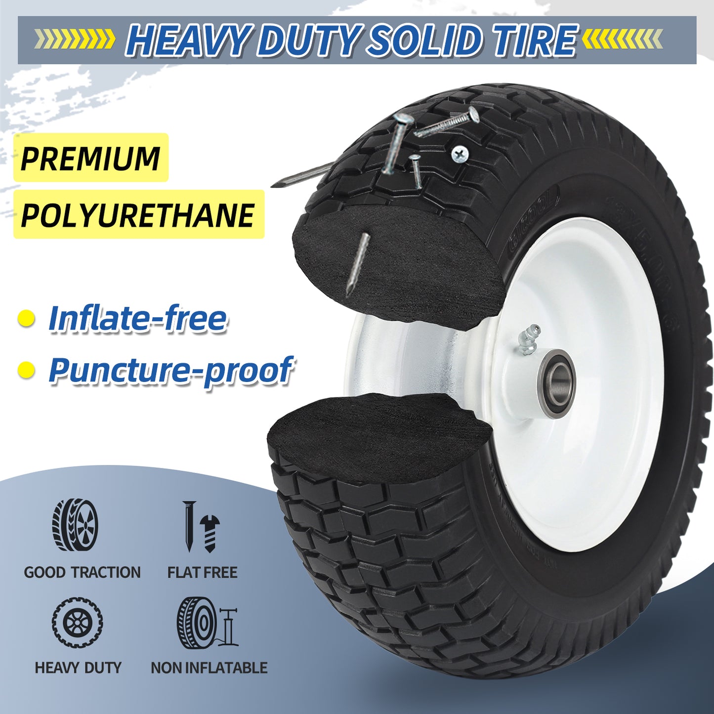 13x5.00-6 Flat Free Lawn Mower Tire and Wheel, 13x5-6 Riding Lawnmower Tire with 3"- 6" Centered Hub and 3/4" & 5/8" Bearings, Tractor Turf Tire Turf-Friendly, 2 Pack