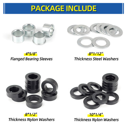 Bearing Bore Hole and Hub Length Adjustment Hardware Kit, with Flanged Bearing Sleeves, Nylon & Steel Washers