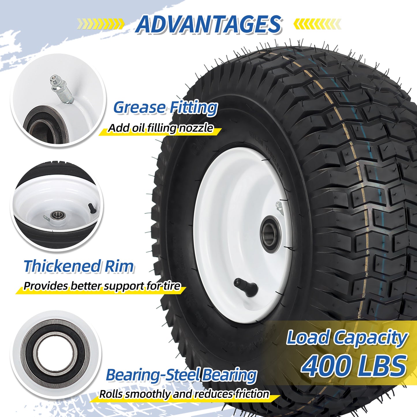 15x6.00-6 Tubeless Tire and Wheel, 3" Offset Hub, 3/4" Bearing, 4 Ply, 15x6-6 Lawn Mower Front Tires, Compatible with 100 and 300 Series John Deere Riding Mower, Lawn Tractor and More(2 Pack)