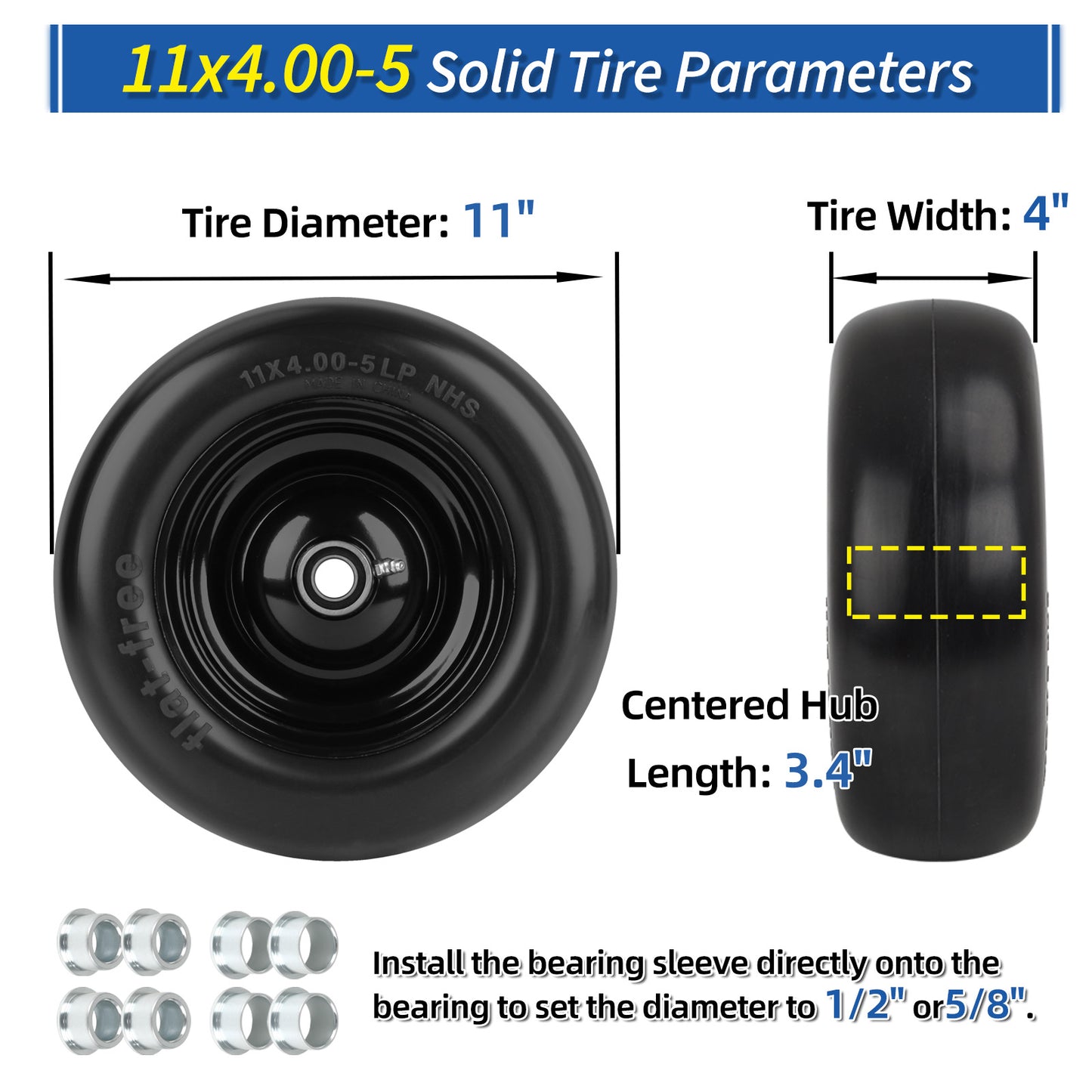 11x4.00-5” Flat Free Lawn Mower Tire and Wheel, Comes with Saver Ramp, 1/2"、5/8" and 3/4" Bearing, 3.4"-4"-4.5"-5" Centered Hub, Smooth Tread Tire for Zero Turn Mowers, 2 Pcs