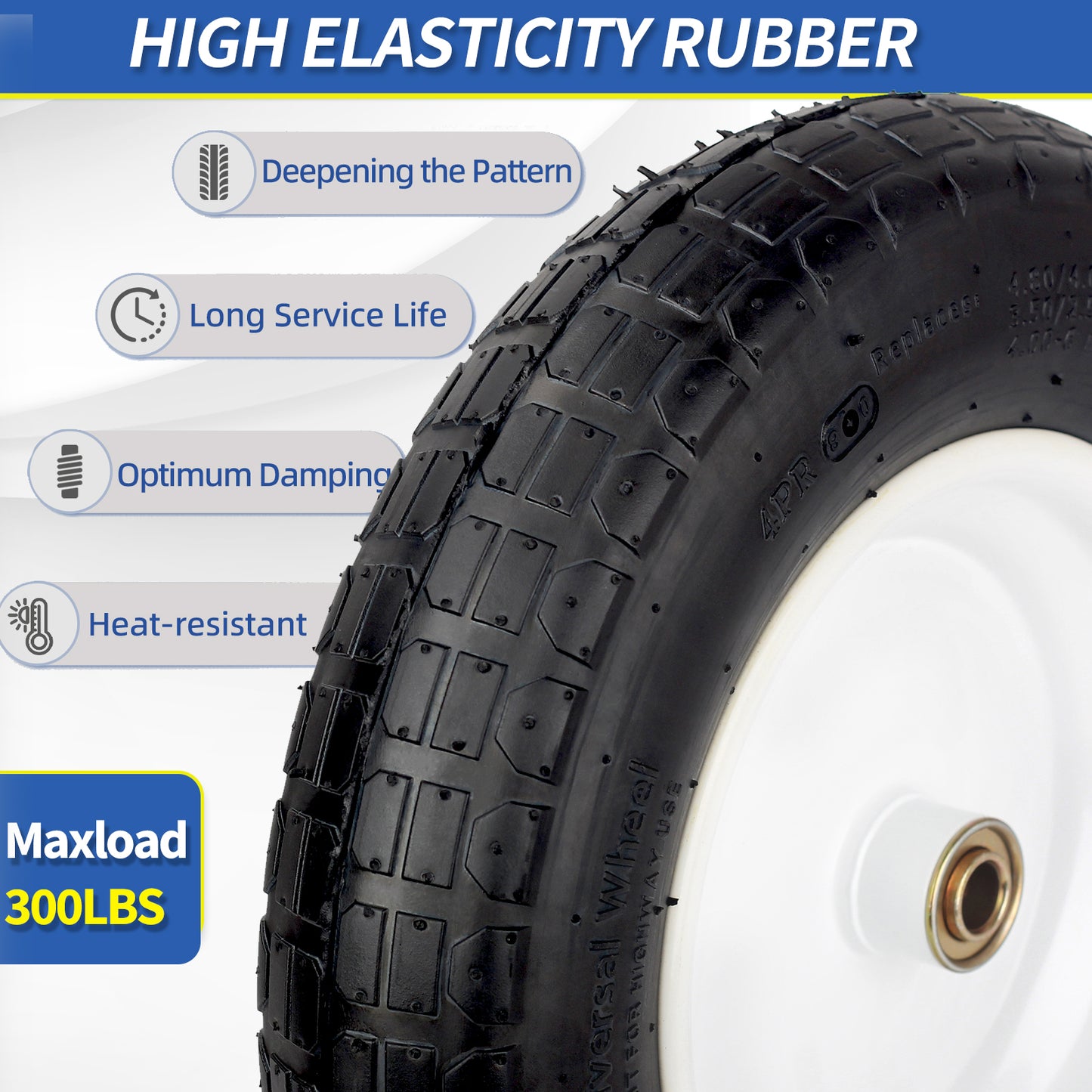 Wheelbarrow Rubber Tire, 14-inch Pneumatic Wheel, 3"-6" Centered Hub, 5/8" & 3/4" Ball Bearings, Replacement 4.80/4.00-8, 3.50/2.50-8, 4.00-6, 4.00-8 Wheelbarrow Wheels