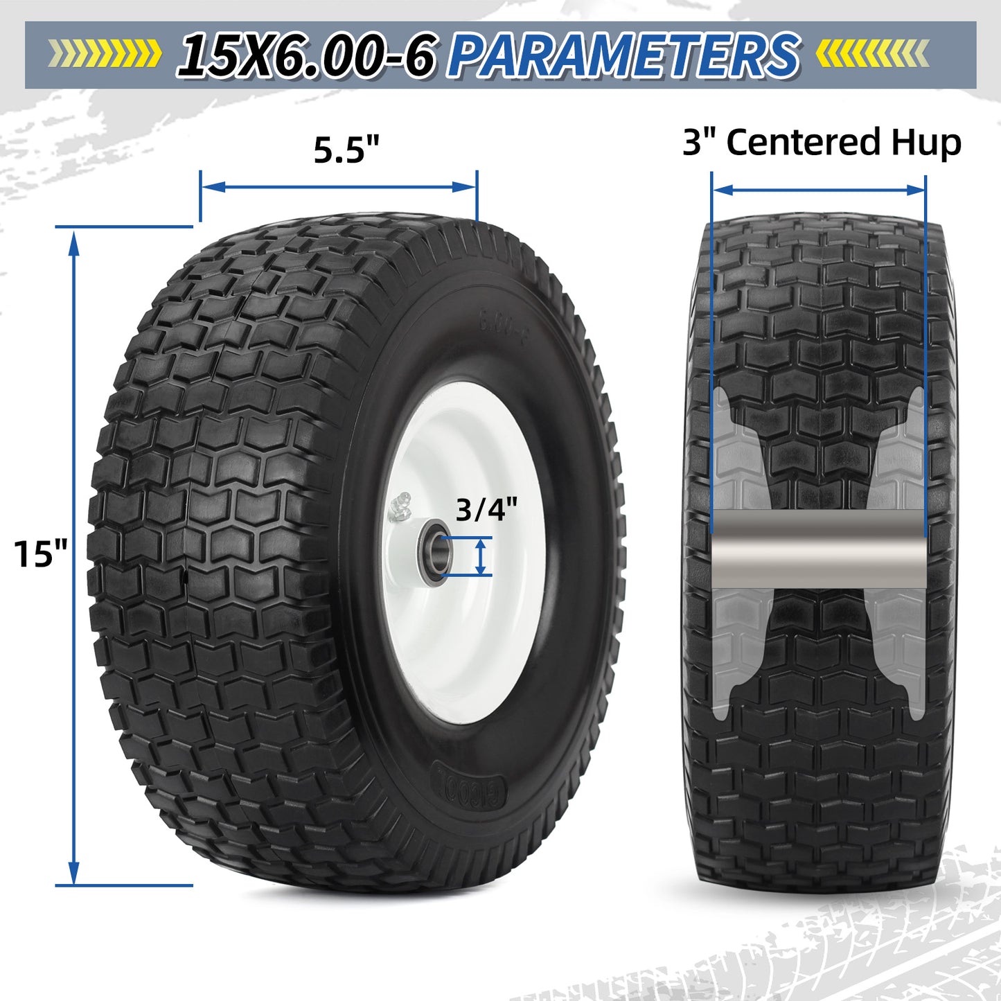 15x6.00-6 Flat Free Lawn Mower Tire and Wheel, Comes with Tire Saver Ramp, 15x6-6nhs Riding Mowers Lawn Tire and Wheel with 3/4" Bearing, 3" Centered Hub, 2 Pack
