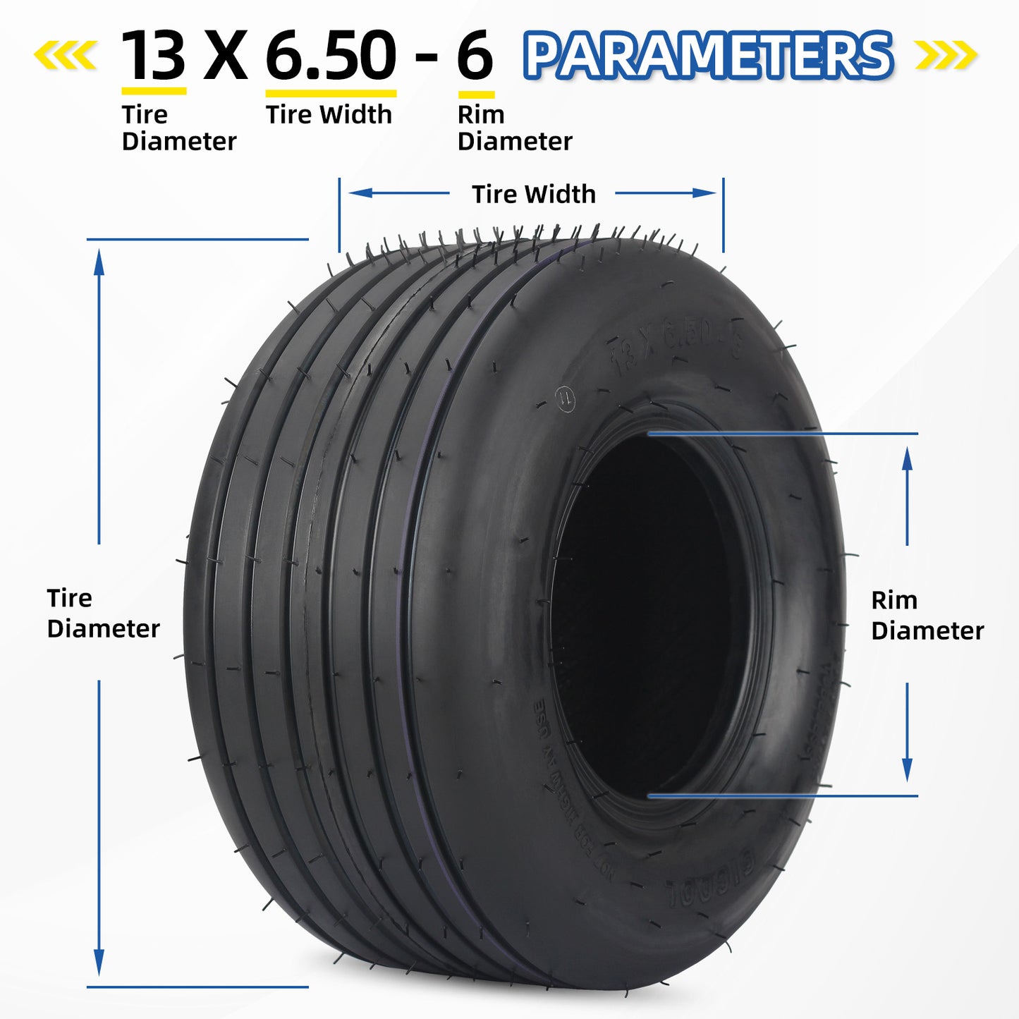 13x6.50-6 Tubeless Lawn Mower Tires, Straight Rib Tread, 4 Ply