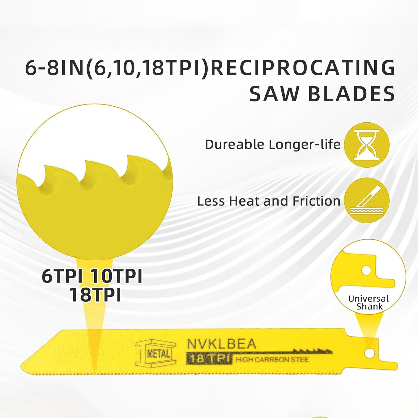 GICOOL 10-Piece Reciprocating Saw Blades, 6" & 8", Wood & Metal Cutting, Premium Bi-Metal Carbon Steel Blades for Wood Pruning | NVKLBEA