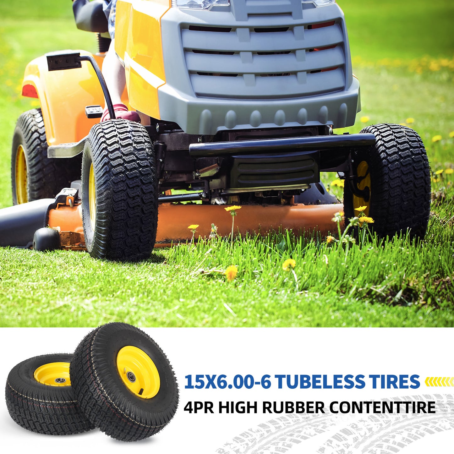 15x6.00-6 Tubeless Tire and Wheel, 3" Offset Hub, 3/4" Bearing, 4 Ply, 15x6-6 Replacement Riding Lawn Mower Front Tires, Compatible with 100 and 300 Series John Deere Riding Mowers(2 Pack)