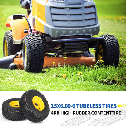 15x6.00-6 Tubeless Tire and Wheel, 3" Offset Hub, 3/4" Bearing, 4 Ply, 15x6-6 Replacement Riding Lawn Mower Front Tires, Compatible with 100 and 300 Series John Deere Riding Mowers(2 Pack)
