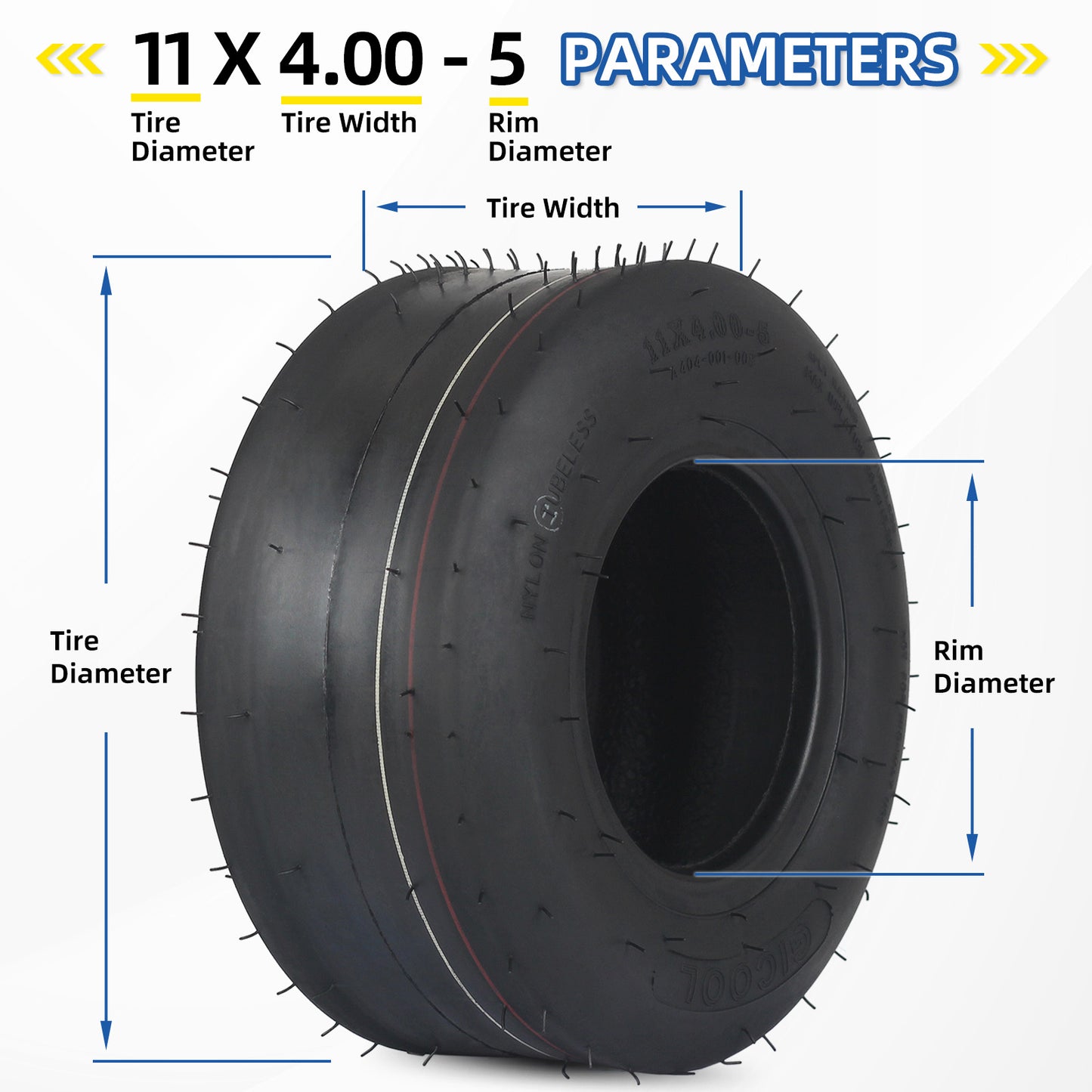 11x4.00-5 Tubeless Lawn Mower Tires, 11x4.00-5 Straight Rib Tread, 4 Ply