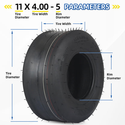 11x4.00-5 Tubeless Lawn Mower Tires, 11x4.00-5 Straight Rib Tread, 4 Ply