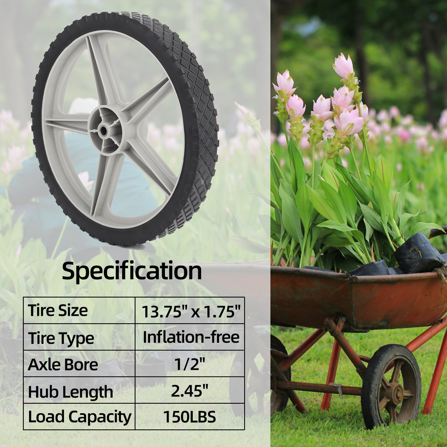 14 x 1.75" Spoked Plastic Wheel and Tire, 2.45" Hub Length, 1/2" Axle Bore, Universal Replacement Wheel for Lawn Mowers and DIY Trolley Wagon Cart, 2 Pack