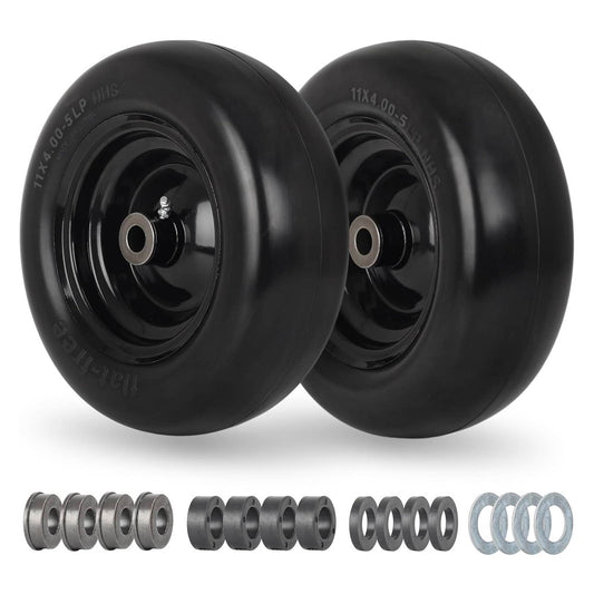 11x4.00-5” Flat Free Lawn Mower Tire and Wheel with 3/4" or 5/8" Bushings, 3.4"-4"-4.5"-5" Centered Hub, Smooth Tread Tire for Zero Turn Mowers (2 Pack)