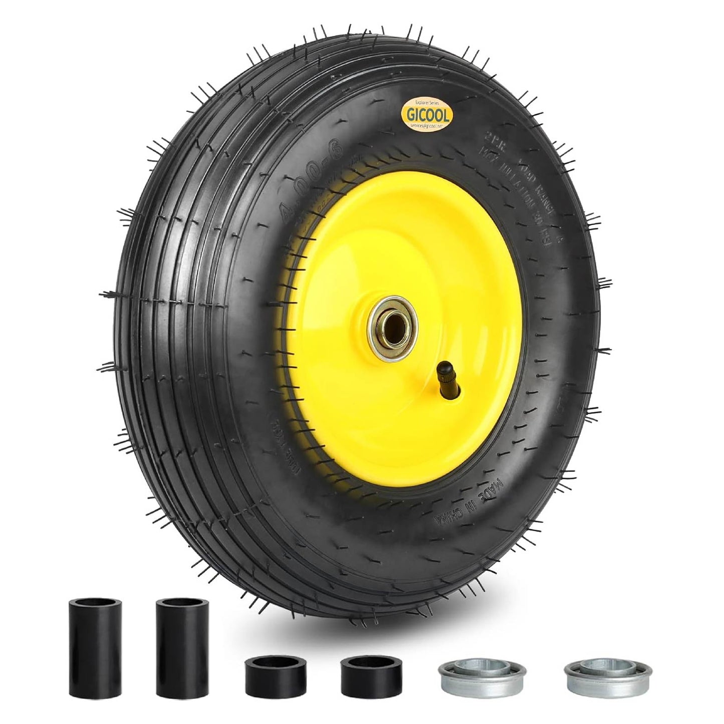 (Explorer Series) 4.00-6 Wheelbarrow Tire, 13" Rubber Pneumatic Wheel, Installed 5/8" Bearing with Extra 3/4" Bearing,1.75"- 6" Centered Hub (1 Pack)