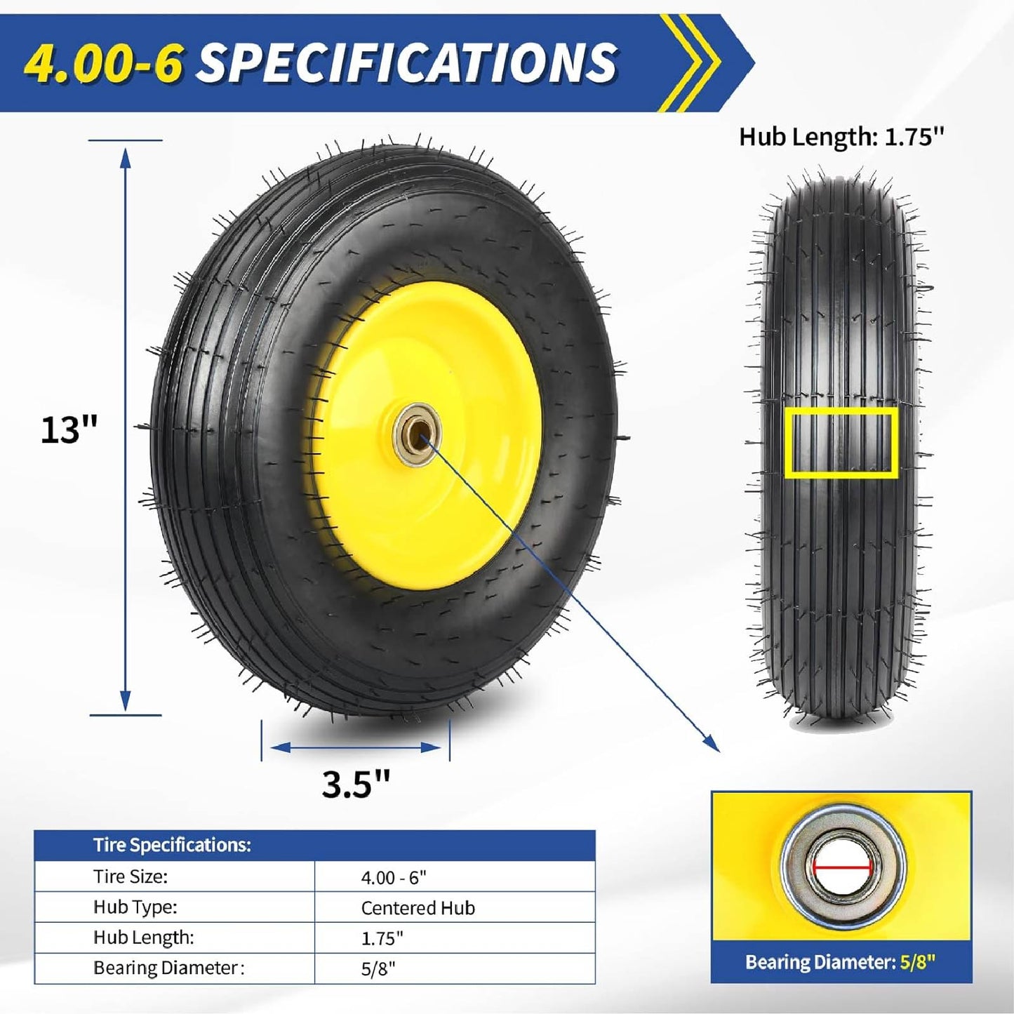 (Explorer Series) 4.00-6 Wheelbarrow Tire, 13" Rubber Pneumatic Wheel, Installed 5/8" Bearing with Extra 3/4" Bearing,1.75"- 6" Centered Hub (1 Pack)