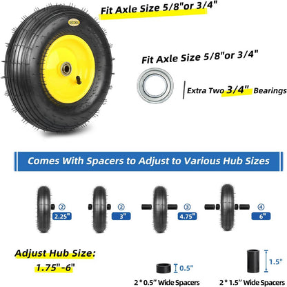 (Explorer Series) 4.00-6 Wheelbarrow Tire, 13" Rubber Pneumatic Wheel, Installed 5/8" Bearing with Extra 3/4" Bearing,1.75"- 6" Centered Hub (1 Pack)