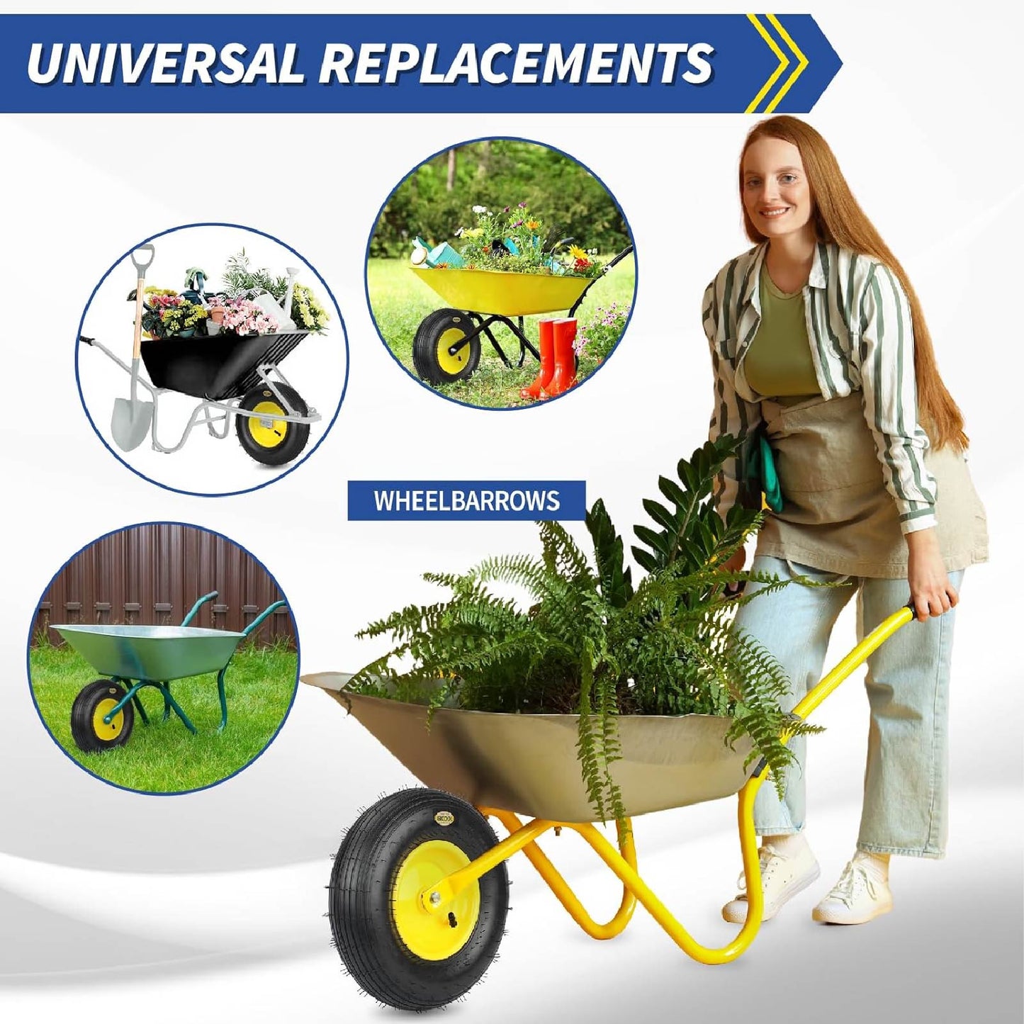 (Explorer Series) 4.00-6 Wheelbarrow Tire, 13" Rubber Pneumatic Wheel, Installed 5/8" Bearing with Extra 3/4" Bearing,1.75"- 6" Centered Hub (1 Pack)