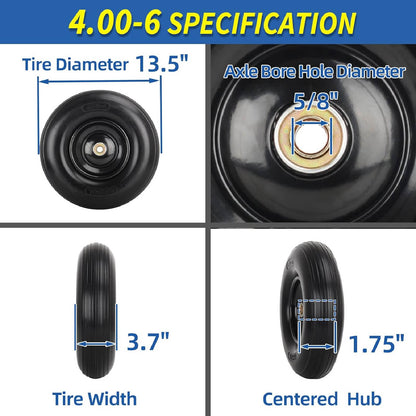 4.00-6 Flat-free Solid Tire and Wheel, 13" Wheelbarrow Tire, with 5/8" Axle Bore Hole, 1.75" Center Hub for Wheelbarrow Cart Lawn Mover Go Kart Replacement Tire (1 Pack)