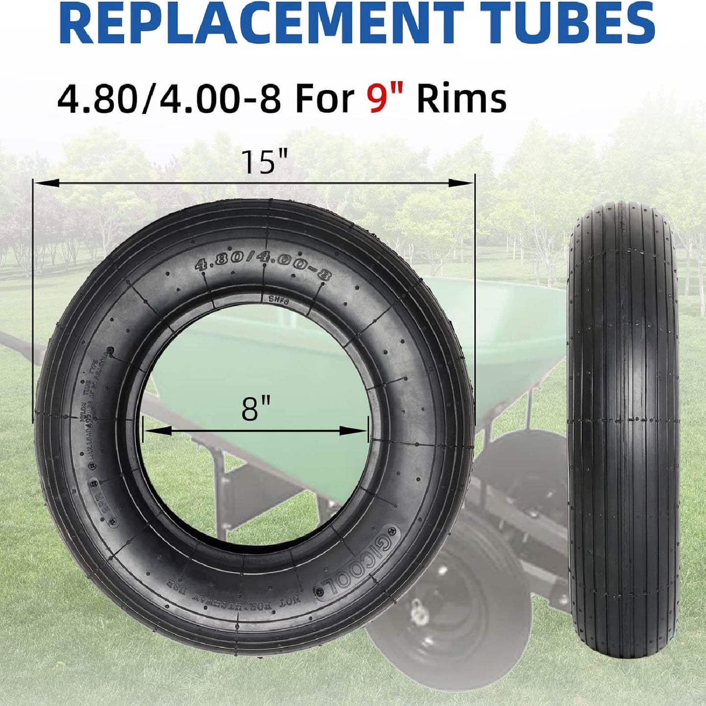 4.80/4.00-8 Replacement Tire and Inner Tube Set, 15" Heavy Duty Tire and Wheel, TR-13 Straight Valve Stem, for wheelbarrow Trolley Dolly Garden Wagon Wheel Replacement (2 Pack)