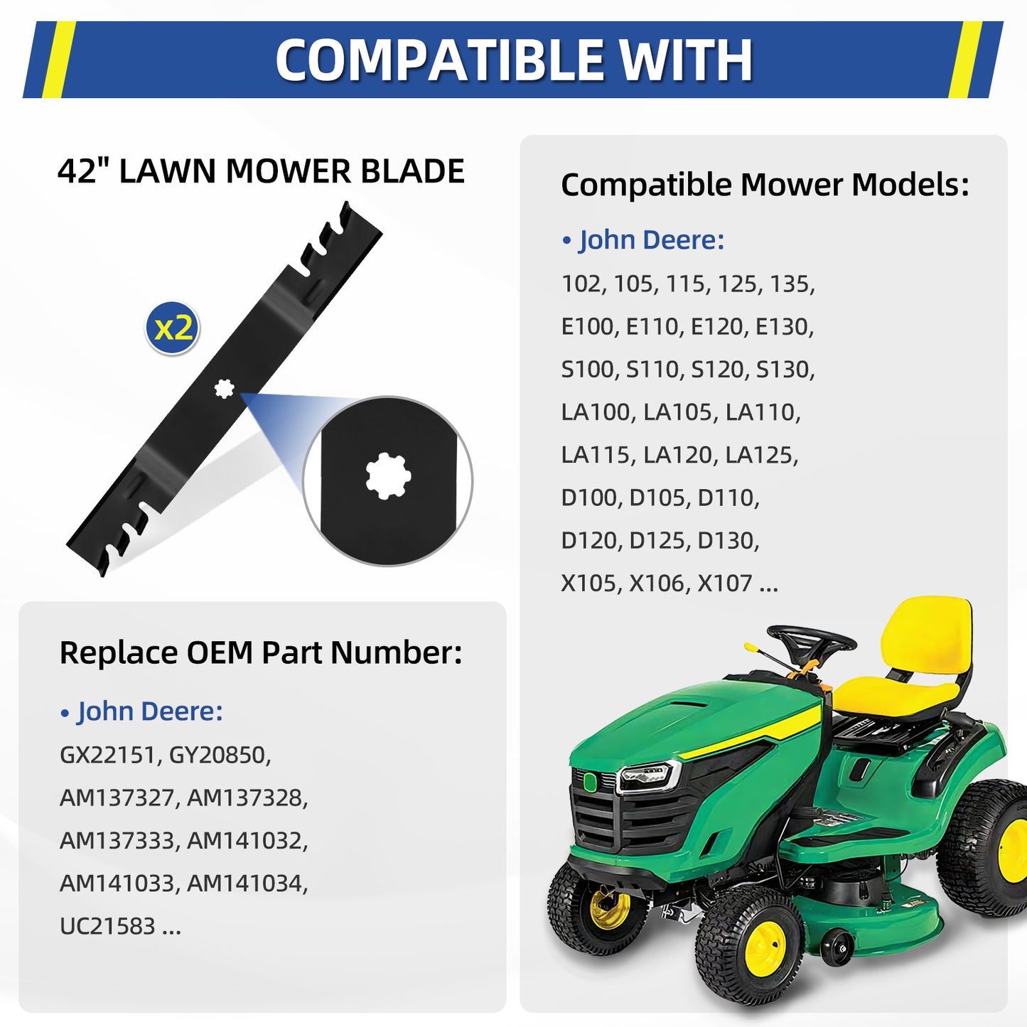 GY20850 Mulching Blades for John Deere 42" Deck, Replace GX22151 AM141033 AM141031