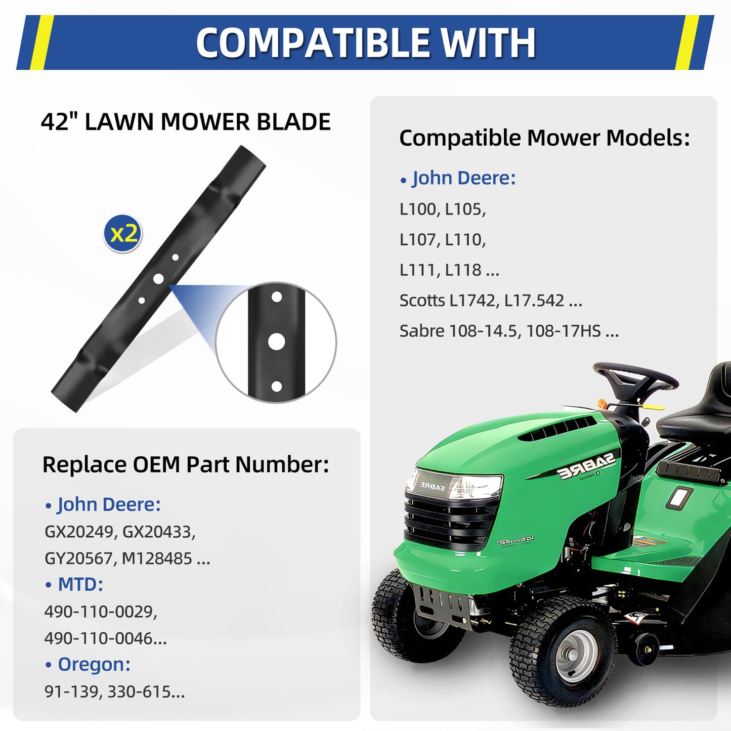 GX20249 Mower Blades for John Deere 42", Replaces GX20249, GX20433, GY20567, M128485