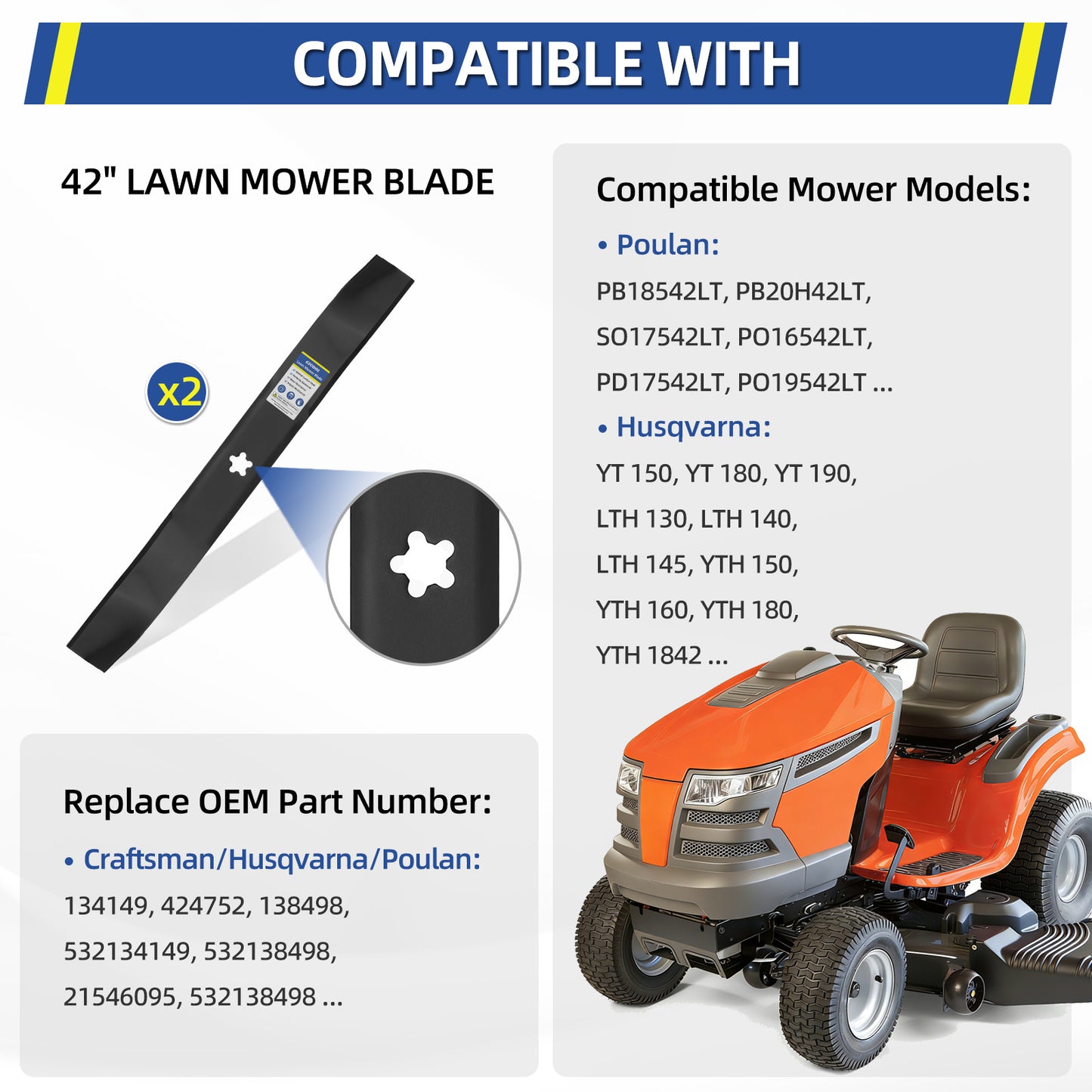 532134149 422719 Mower Blades Fits Craftsman 42" Deck Mower, Replace 134149 424752