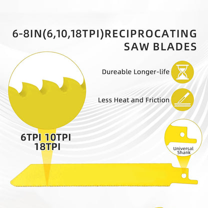 GICOOL 10-Piece Reciprocating Saw Blades, 6" & 8", Wood & Metal Cutting, Premium Bi-Metal Carbon Steel Blades for Wood Pruning