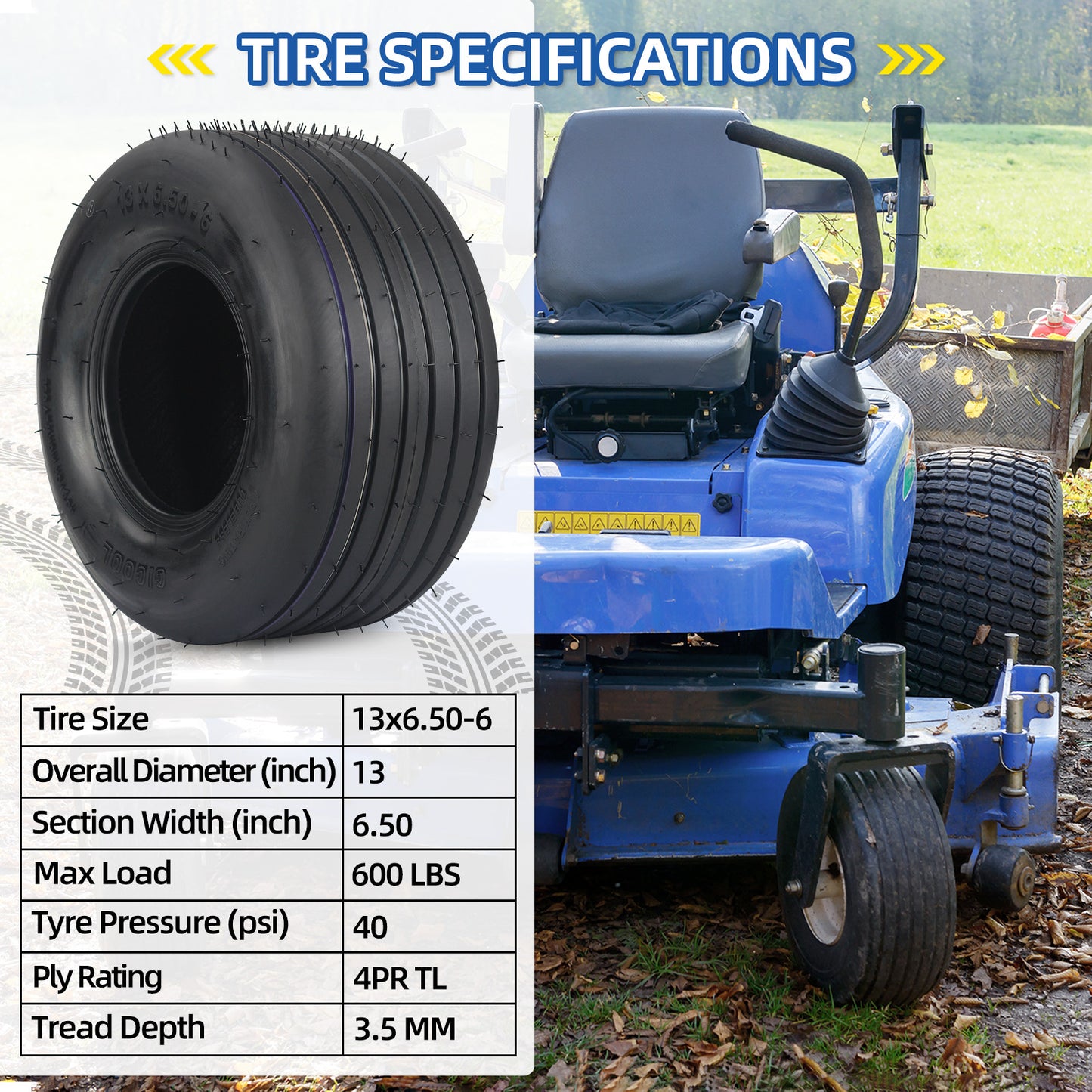 13x6.50-6 Tubeless Lawn Mower Tire, Riding Lawnmower Straight Rib Tread, 4 Ply