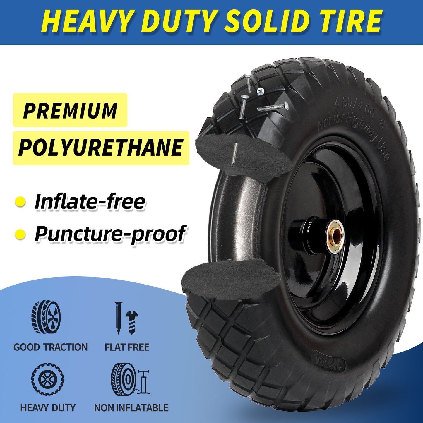 4.80/4.00-8" Wheelbarrow Tire, 16" Tire, 3-6" Centered Hub, 5/8" & 3/4" Bearing