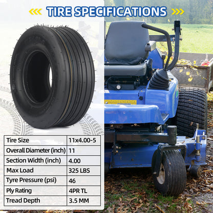 11x4.00-5 Tubeless Lawn Mower Tire, Zero Turn Lawn Mower Front Tire, Straight Rib Tread, 4 Ply