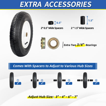 Wheelbarrow Rubber Tire, 14-inch Pneumatic Wheel, 3"-6" Centered Hub, 5/8" & 3/4" Ball Bearings, Replacement 4.80/4.00-8, 3.50/2.50-8, 4.00-6, 4.00-8 Wheelbarrow Wheels