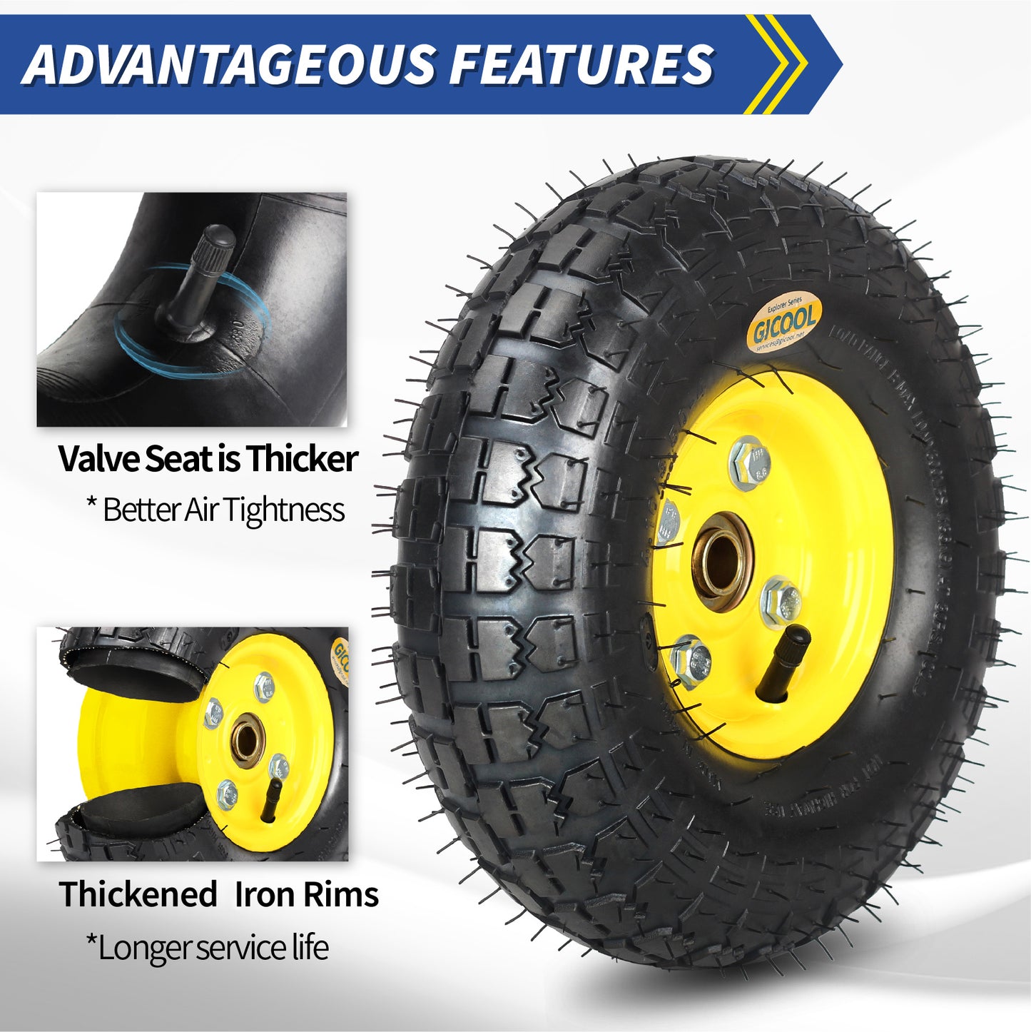 4.10/3.50-4 Rubber Pneumatic Tire and Wheel, with 2.25" Offset Hub, 5/8" Sealed Bearings, for Hand Truck Trolley Dolly Garden Wagon Wheel Replacement, 2 Pack (Explorer Series)
