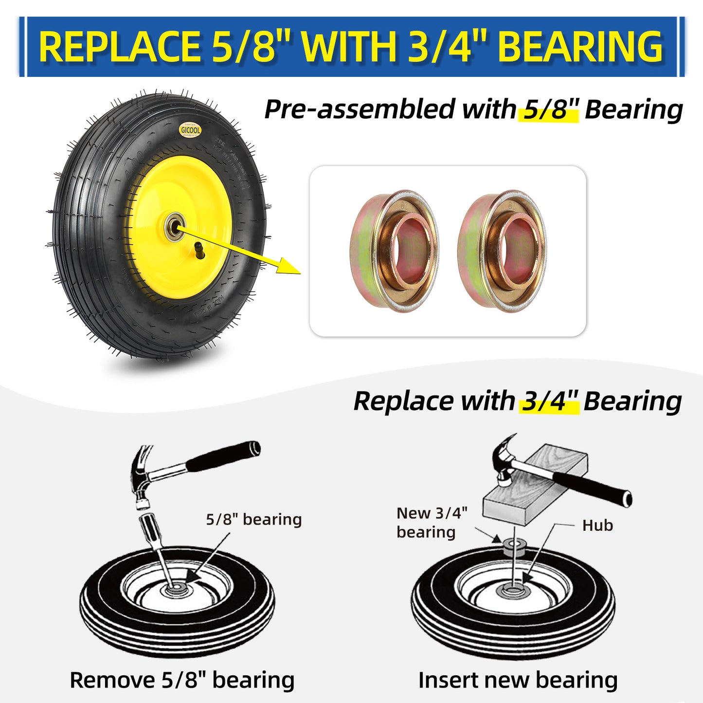 Bearing & Hub Length Adjustment Hardware Kit, with 3/4'' Bore Hole Bearing, 1/2'' and 1-1/2'' Nylon Washers, 6 Pack