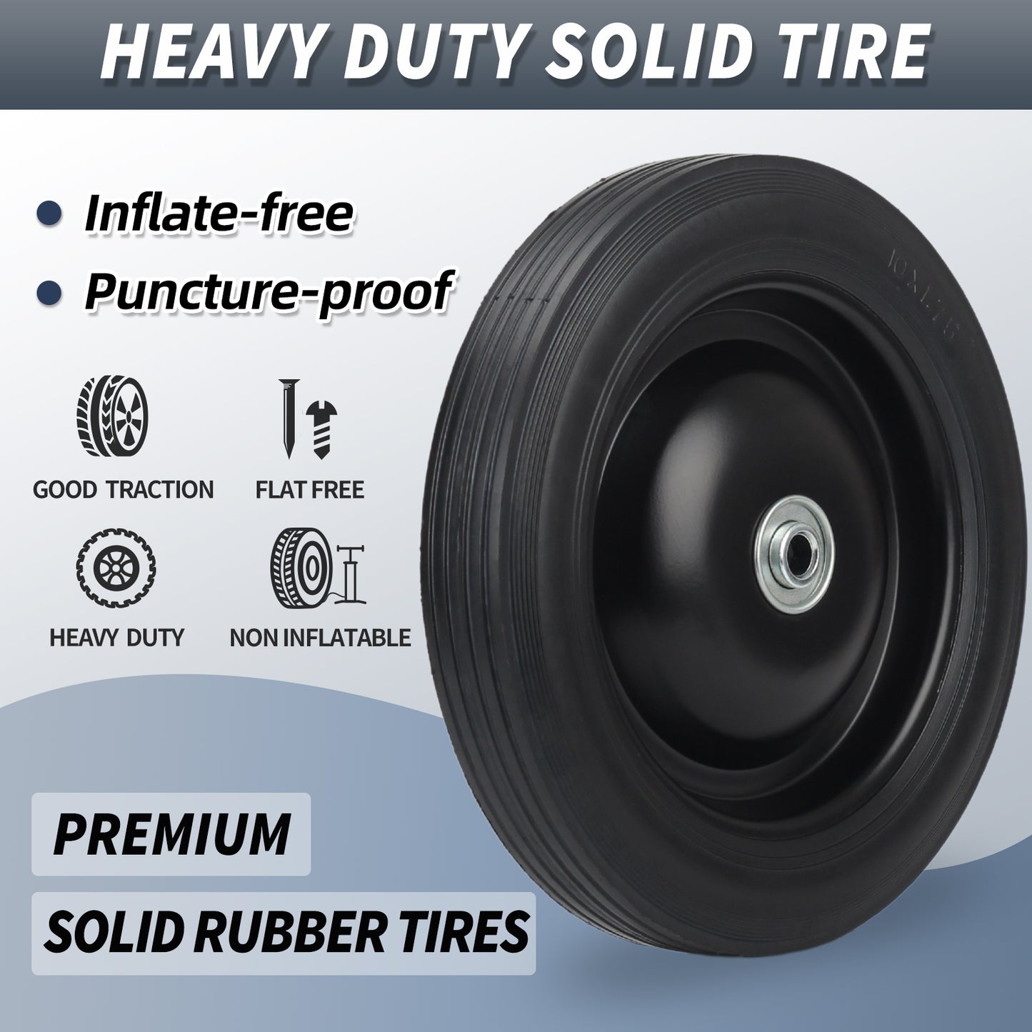 10" x1.75" Flat-Free Solid Rubber Tire and Wheel 1/2" Axle Bore Hole, 1.6" Offset Hub, 2 Pack, Black