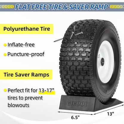15x6.00-6 Flat Free Lawn Mower Tire and Wheel, Comes with Tire Saver Ramp, 15x6-6nhs Riding Mowers Lawn Tire and Wheel with 3/4" Bearing, 3" Centered Hub, 2 Pack