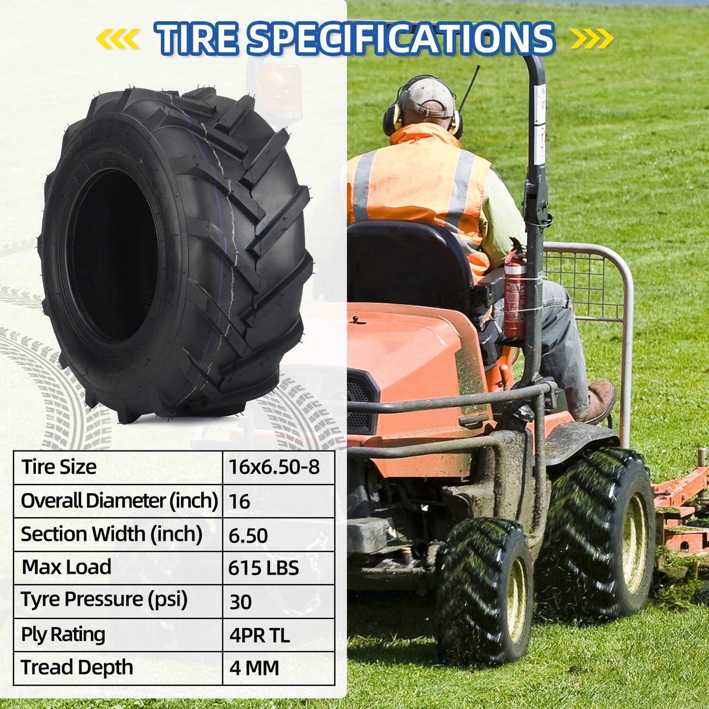 16x6.50-8 High-Traction Tubeless Tire, Agriculture Tractor Tire, 4 Ply, Super Lug AG Turf
